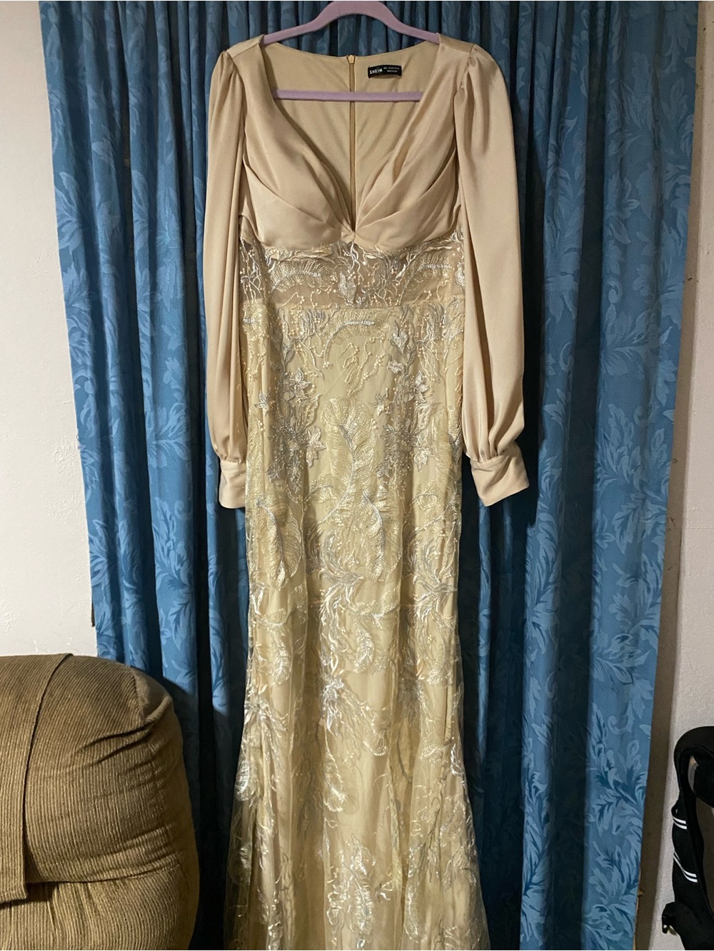 SHEIN Cream Long Sleeve Embroidered Evening Dress